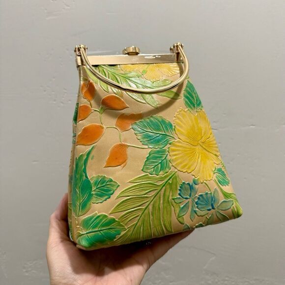 Handmade Genuine Leather Floral Embossed Top Handle Purse & 2 Chain Styles - Picture 4 of 15